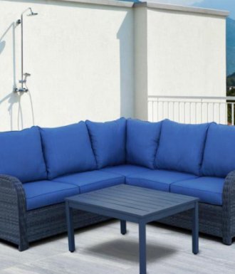 Garden Lounge Set, Cushions Outdoor Lawn Terrace Backyard Patio Seating Home Furniture Sofa Set Poly Rattan Blue
